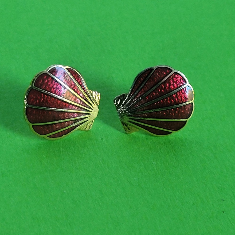 Red and gold seashell stud earrings beachy coastal mermaid whimsical tropical